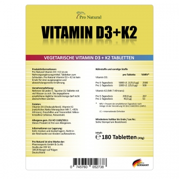 Pro Natural Vitamin D3+K2 D3 5000 I.E + Vitamin K2 200mcg