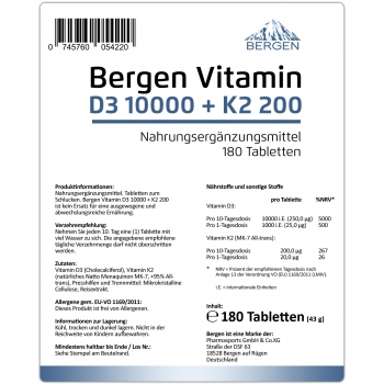 Bergen Vegan Vitamin D3 10000 I.E. + K2 200